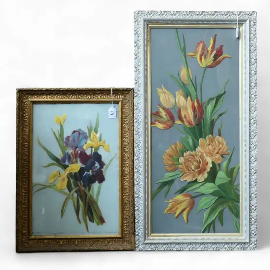 2 EDWARDIAN FLORAL PAINTINGS ON GLASS IRISES H440 OTHER H680MM