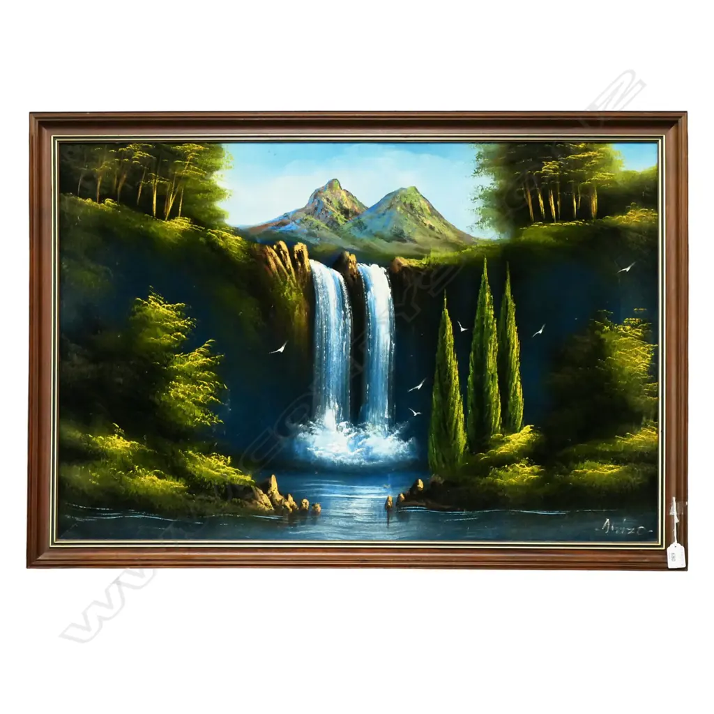 FRAMED MID CENTURY OIL ON VELVET MOUNTAIN WATERFALL SIGNED DIVIZO H550 L870MM Image 1++