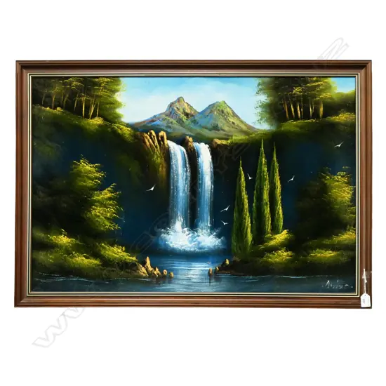 FRAMED MID CENTURY OIL ON VELVET MOUNTAIN WATERFALL SIGNED DIVIZO H550 L870MM