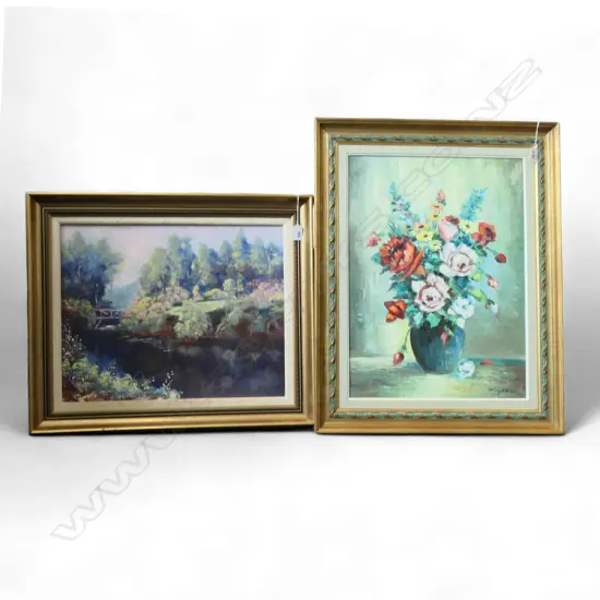 2 FRAMED OILS; JOAN BENSKY, A PATH INTO THE BUSH + FLORAL STILL LIFE INDISTINCTLY SIGNED