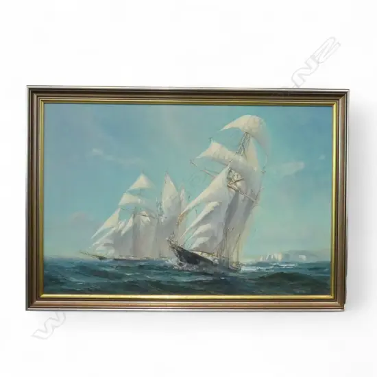 MARITIME OIL ON BOARD by JOHN EIGHTEEN, 'THE RIVALS', 590 x 900mm (Signed John 18) Exhib: The Bistro Gallery 1975