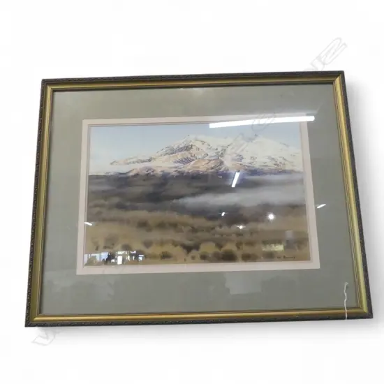 FRAMED W/C MT RUAPEAHU SIGNED VAL RAYMOND H350 L550MM