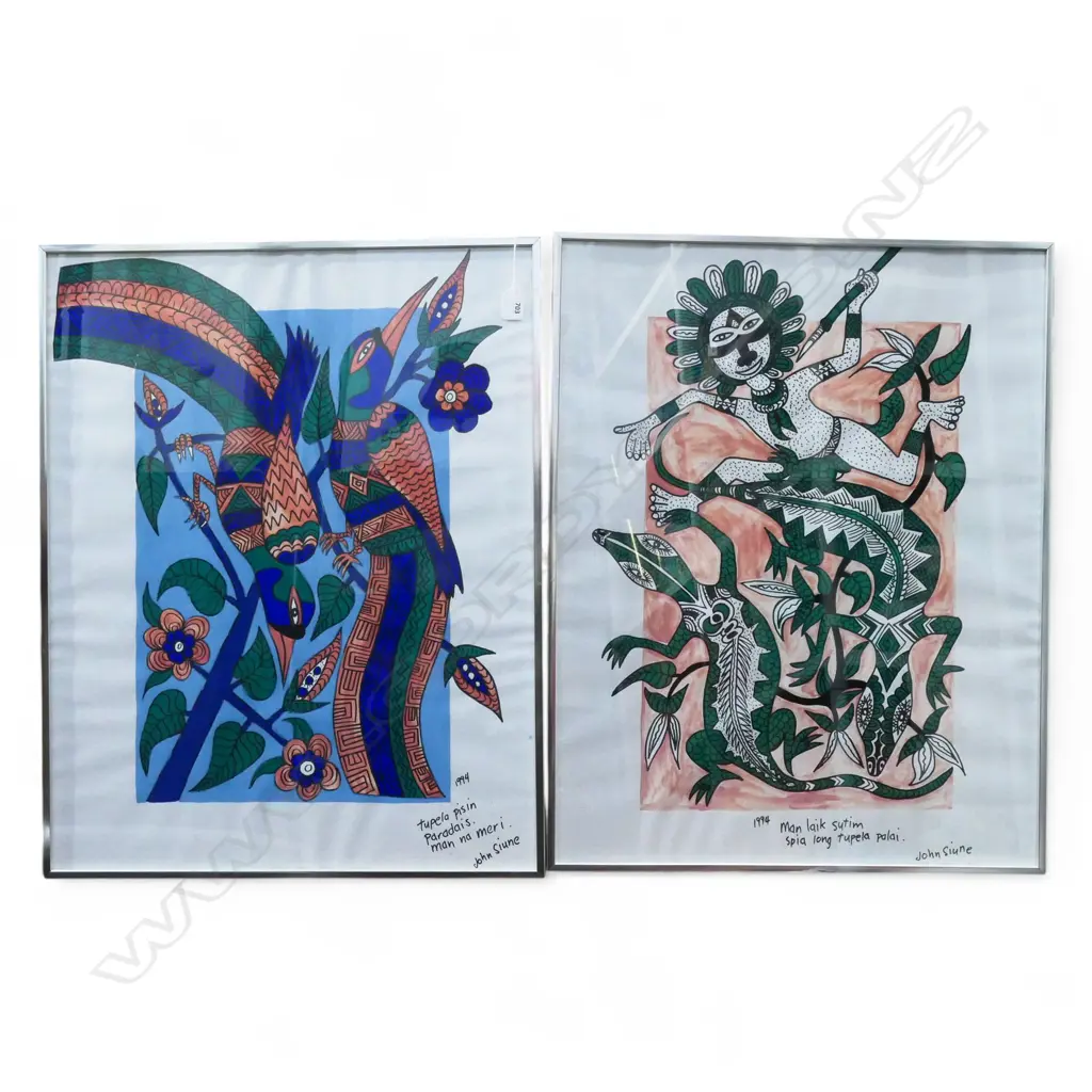 2 FRAMED PAINTINGS by JOHN SIUNE (PNG), BOTH DATED 1994, 700x550mm Image 1++