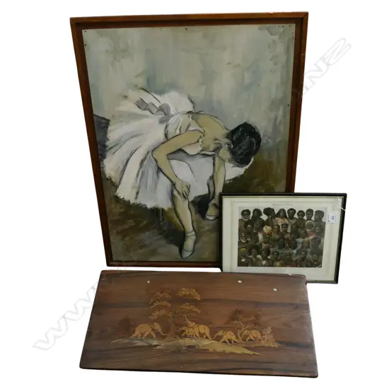 MAHOG PANEL INLAID w SCENE OF ELEPHANTS 320 x 640mm + 2 PRINTS 'OZEANISCHE VOLKER' & DEGAS DANCER