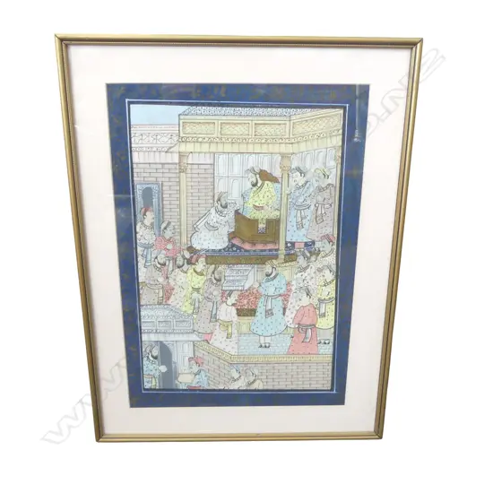 FRAMED HINDU MUGHAL STYLE PAINTING, COURT SCENE, 490 X 340 MM