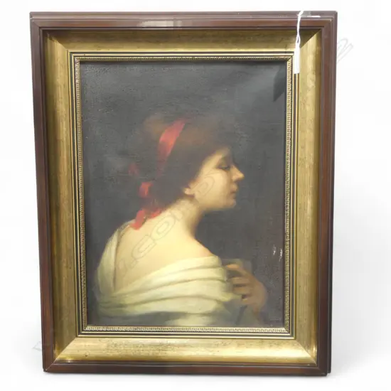 ITALIANATE OIL ON CANVAS, YOUNG WOMAN WITH RED SCARF. 355 x 265mm