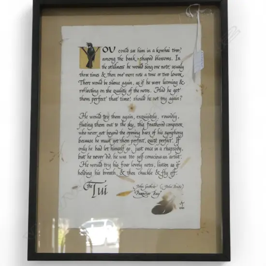 A FRAMED EXCERPT FROM JOHN GURTHRIE'S NOVEL 'PARADISE BAY' WITH HAND CALLIGRAHY AND HAND PAINTING 320 X 220mm 