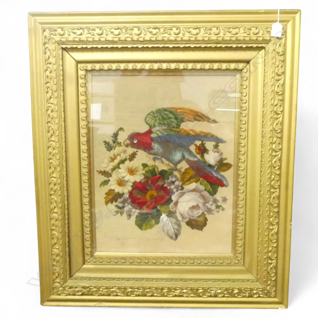 19thC BERLIN WOOL WORK TAPESTRY OF A PARROT 475x370mm Image 1++
