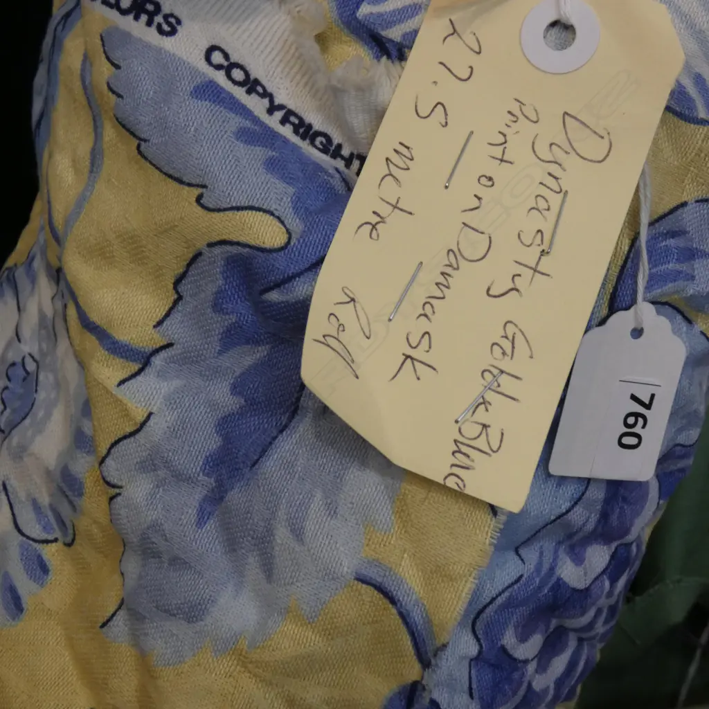 FABRIC BOLT; DYNASTY GOLD & BLUE PRINT ON DAMASK, 27.5M Image 1++