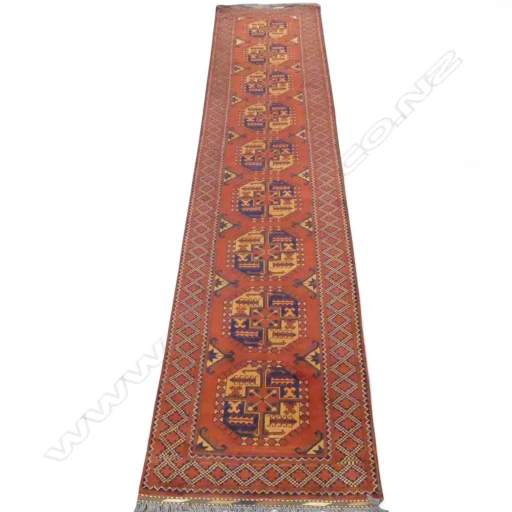 HAND KNOTTED WOOL PILE AFGHAN KARGHAI RUNNER w. 9 OCTAGONAL GULS 3860 x 850mm Image 1++