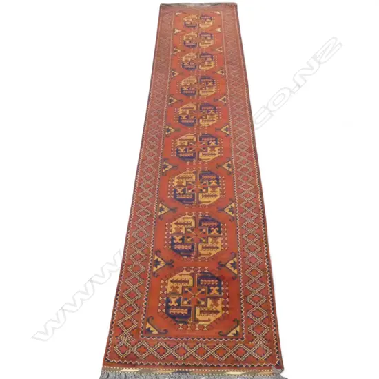 HAND KNOTTED WOOL PILE AFGHAN KARGHAI RUNNER w. 9 OCTAGONAL GULS 3860 x 850mm