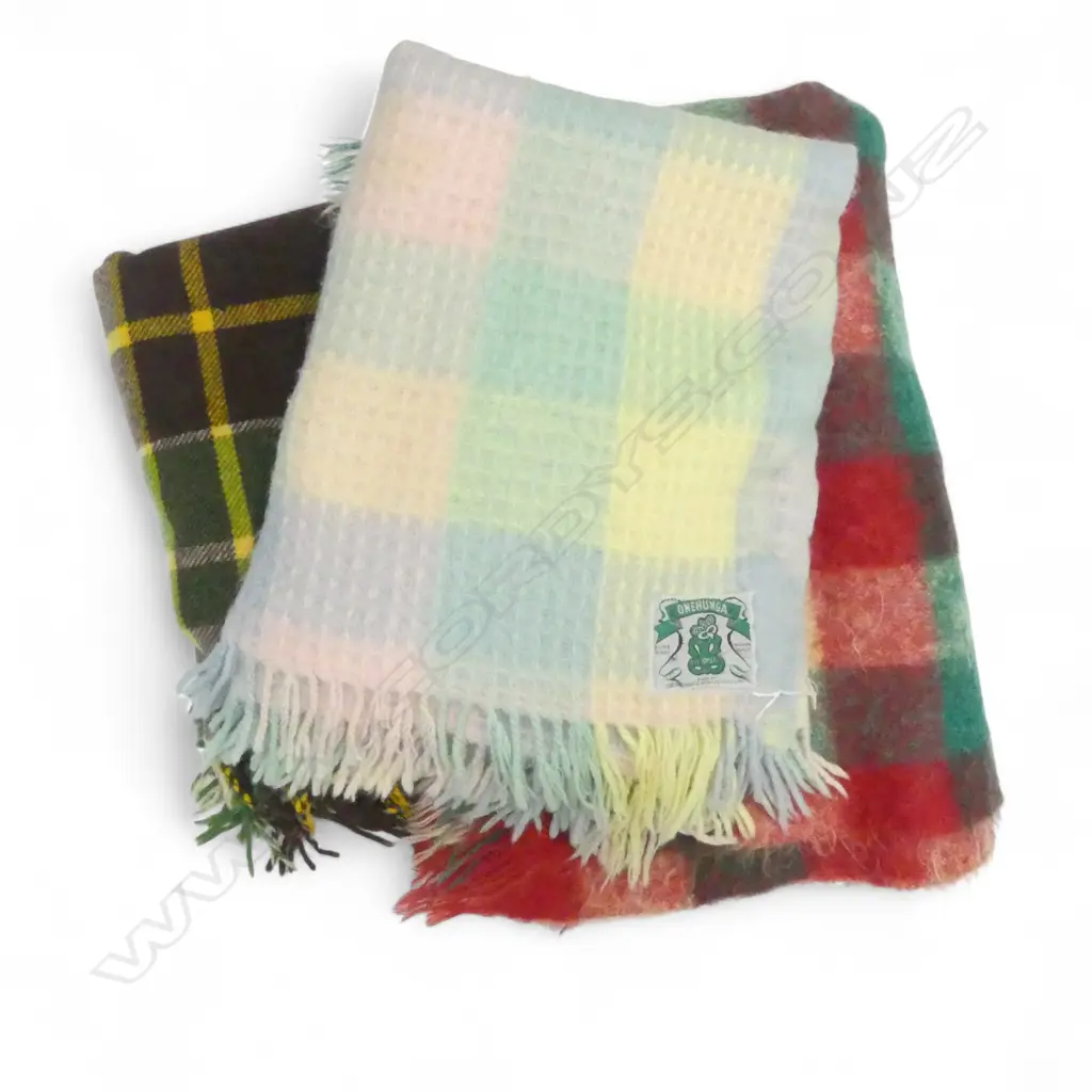 GREEN PLAID WOOLEN TRAVEL RUG & 2 NZ LABEL MOHAIR/WOOL RUGS  Image 1++