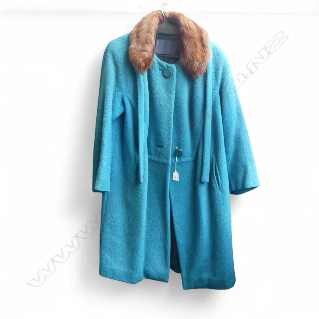 VINTAGE SMALL SIZE  TURQUOSE WOOL & MOHAIR FUR COLLARED JACKET Image 1++