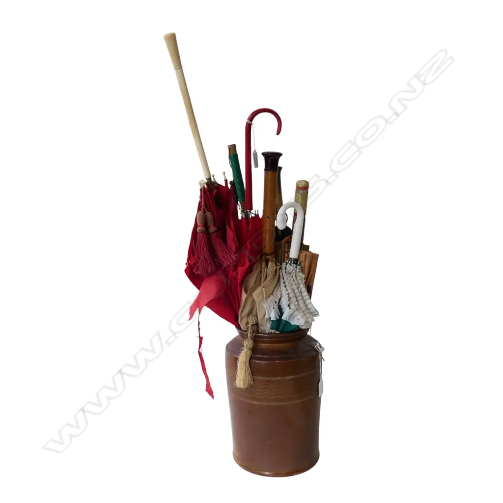 7 vintage umbrellas & parasols in stone ware jar chipped 310mm Image 1++