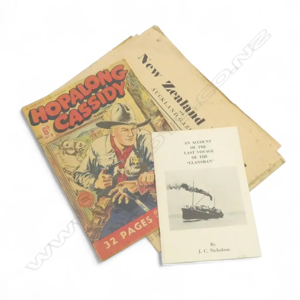 ORIG. HOPALONG CASSIDY COMIC No.3 (Fawcett Pub) + 2 reprint NZ HERALD NEWSPAPERS + BOOKLET 'Last Voyage of the Clansman' Image 1++