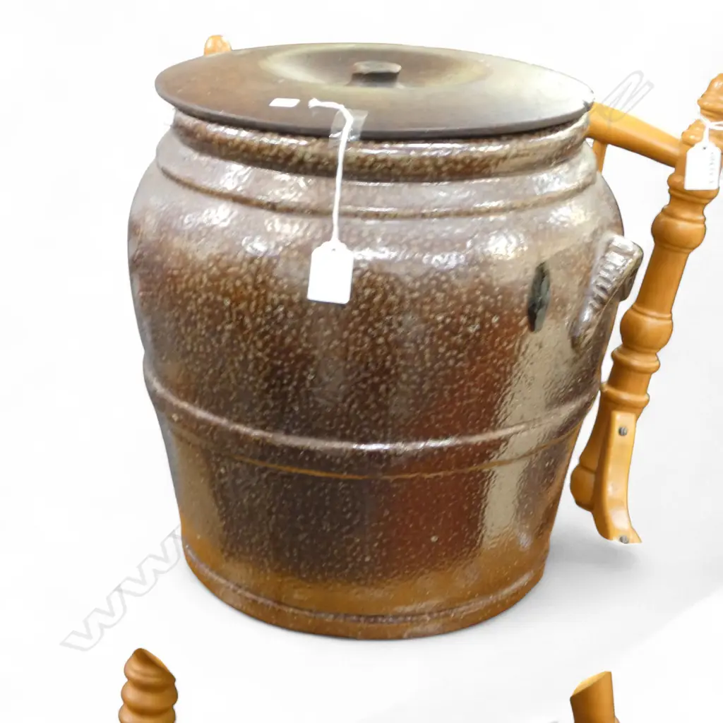 STONEWARE GLAZED CROCK WITH WOODEN LID Dia.340mm Image 1++