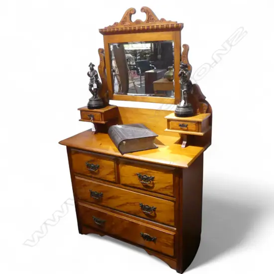 NZ COLONIAL KAURI DRESSER w. MIRROR & MOTTLED DRAWER FRONTS 1065x460x1780mm
