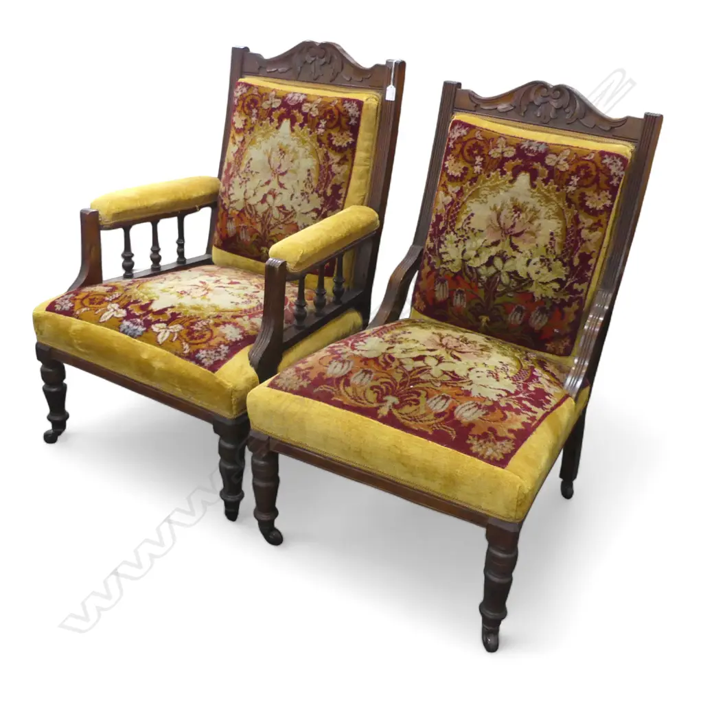 PR VICTORIAN CARVED WALNUT FRAMED GRANDFATHER & MOTHER CHAIRS matching old patterned velvet upholstery  Image 1++