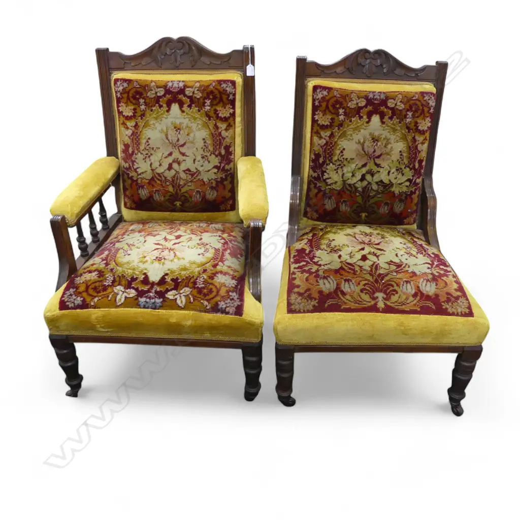 PR VICTORIAN CARVED WALNUT FRAMED GRANDFATHER & MOTHER CHAIRS matching old patterned velvet upholstery  Image 1++