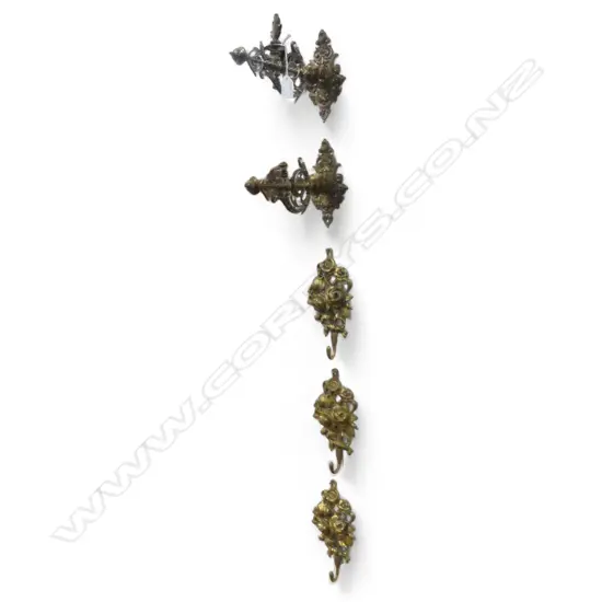 PR COPPER PIANO SCONCES & 3 CAST BRASS COAT HOOKS 