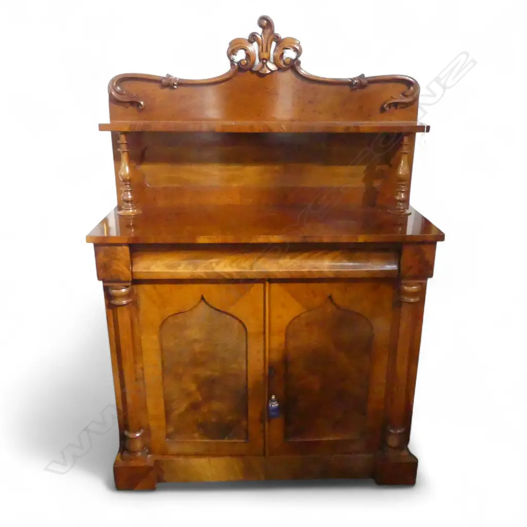 EARLY VICTORIAN QUALITY MAHOGANY CHIFFONIER the back shelf with turned columns. With key. Image 1++
