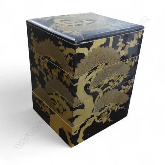 JAPANESE BLACK LACQUER 4 TIER STACKING FOOD CONTAINER 240x225x315mm