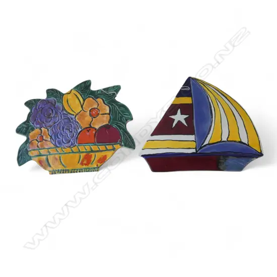 2 MORRIS & JAMES STUDIO POTTERY WALL PLAQUES YACHT & FLORAL BASKET H310MM