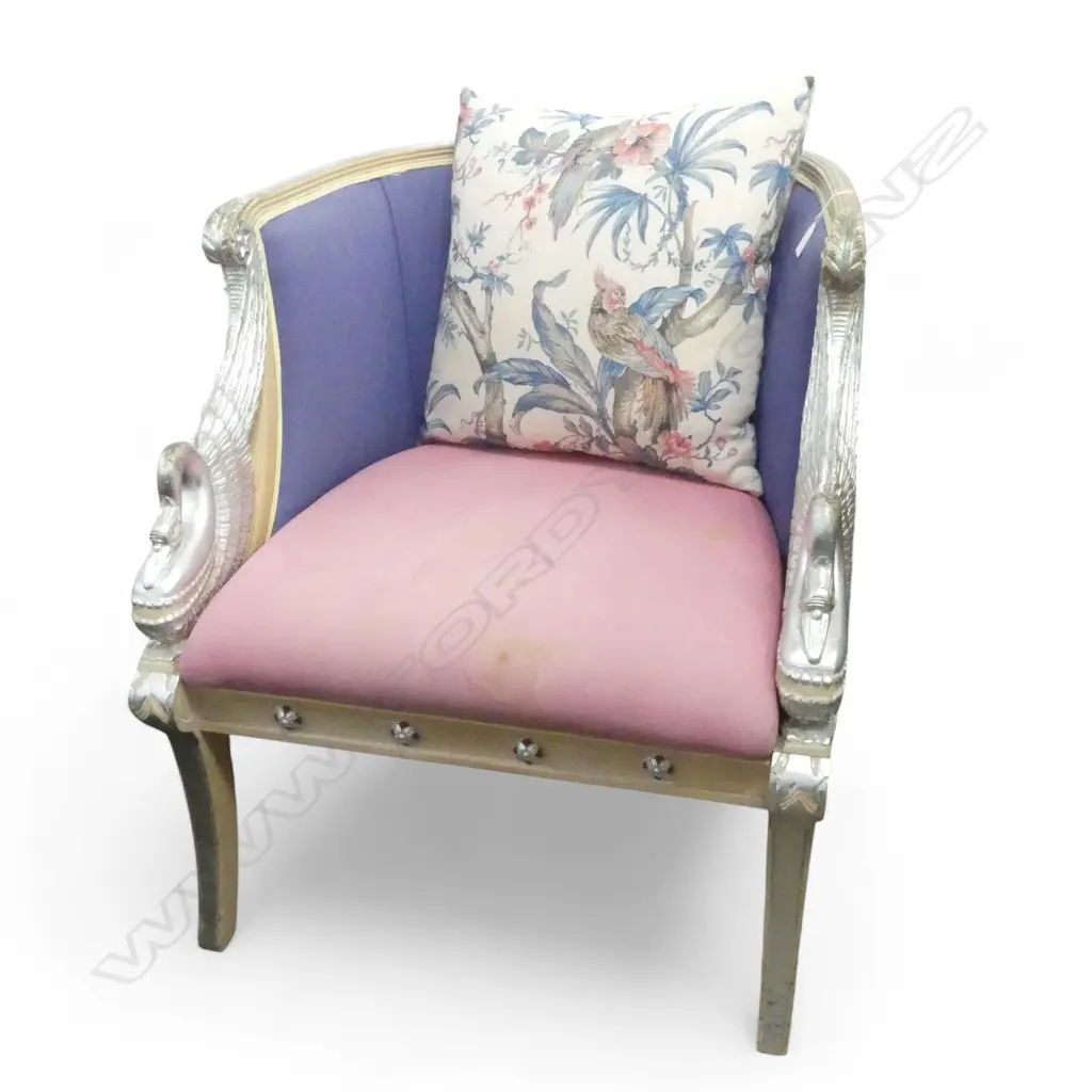 EGYPTIAN REVIVAL STYLE BERGERE CHAIR w SILVERED FINISH (w CUSHION) Image 1++