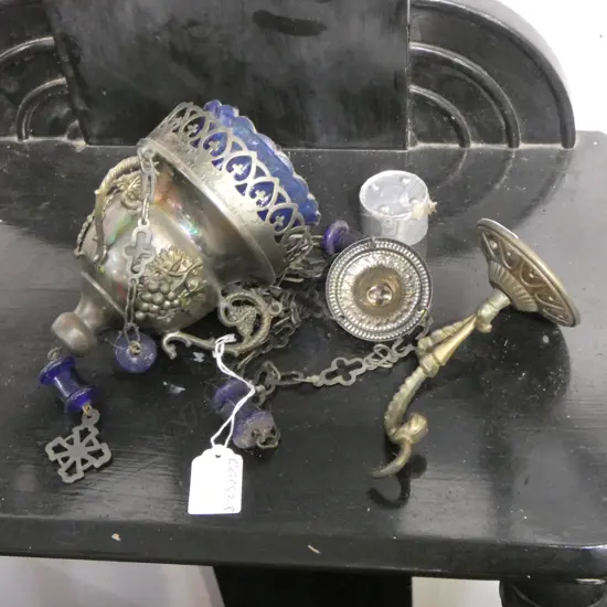 WHITE METAL AND BLUE GLASS HANGING WALL LAMP