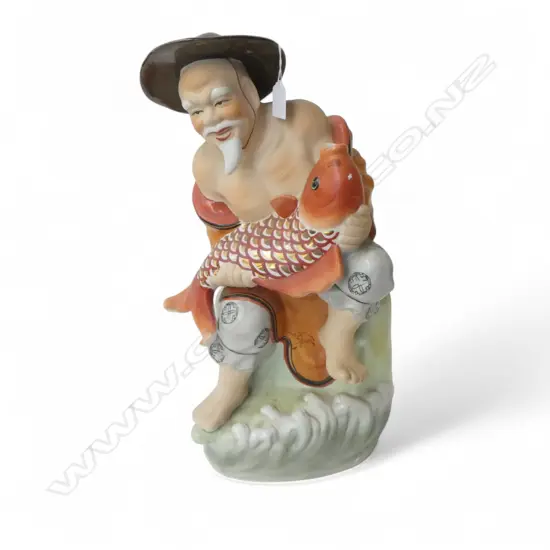 CHINESE BISCUIT & GLAZED PORCELAIN FIGURE of a FISHERMAN w GIANT CARP. H.480mm
