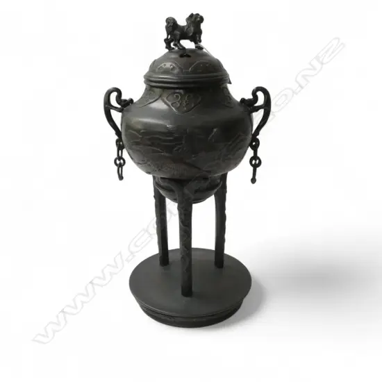 LGE BRONZE KORO INCENSE BURNER w FU DOG FINIAL. H.570mm