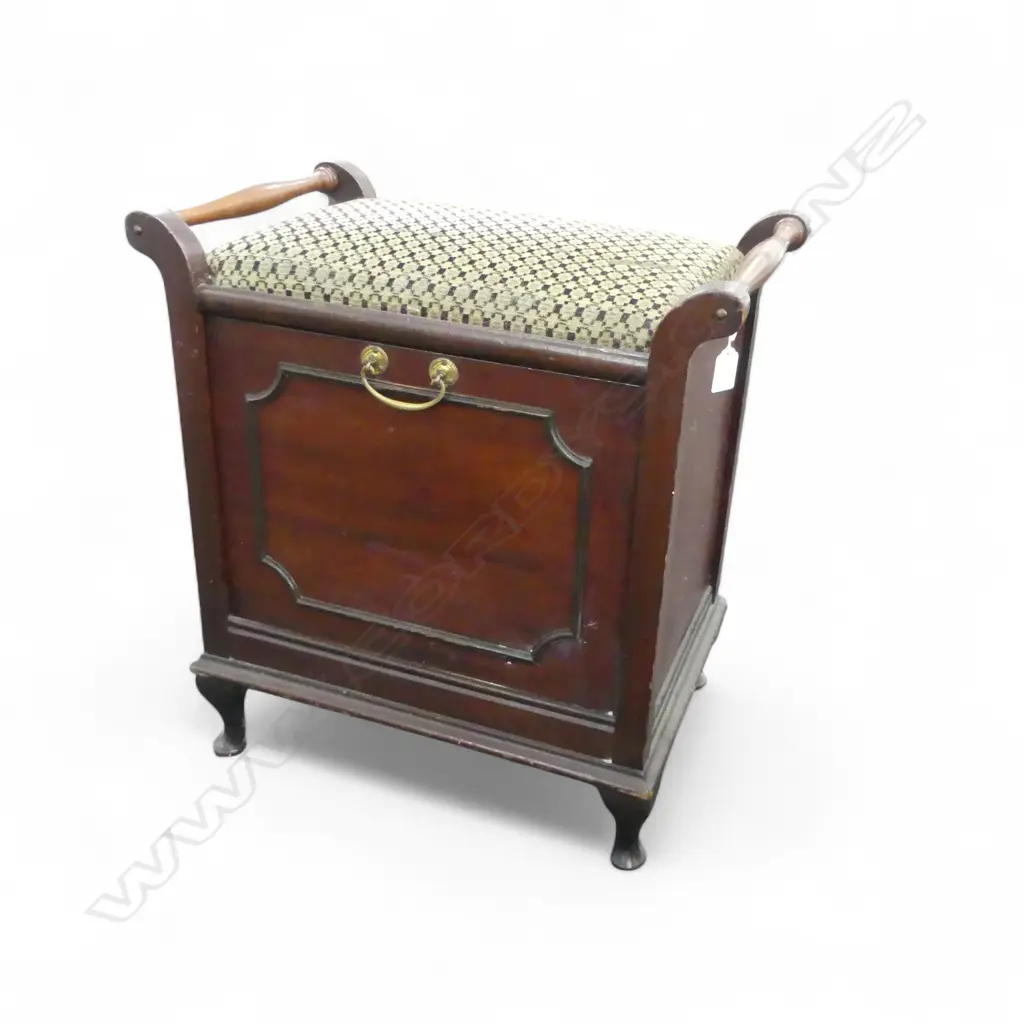 EDWARDIAN MAHOGANY 'RELIABILITY' MUSIC STOOL with side handles & music slot fall front Image 1++