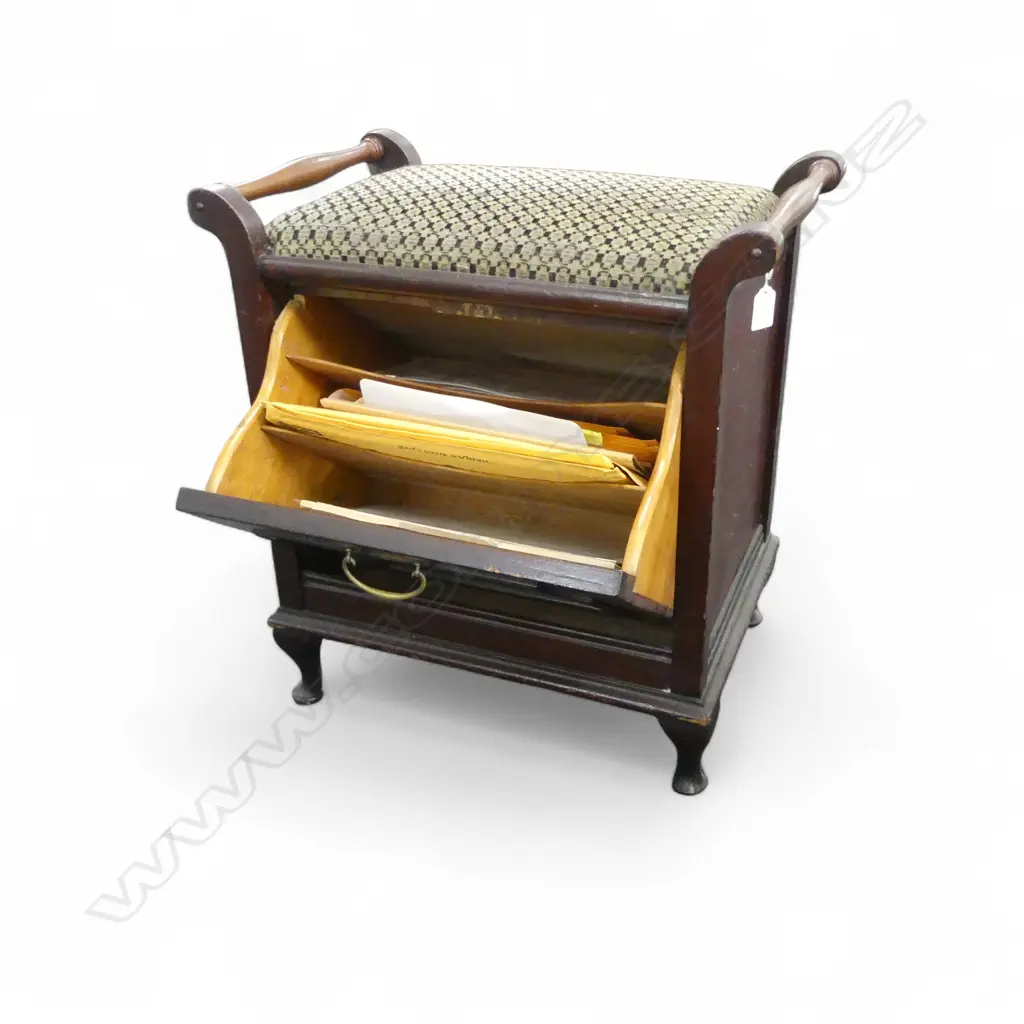 EDWARDIAN MAHOGANY 'RELIABILITY' MUSIC STOOL with side handles & music slot fall front Image 1++