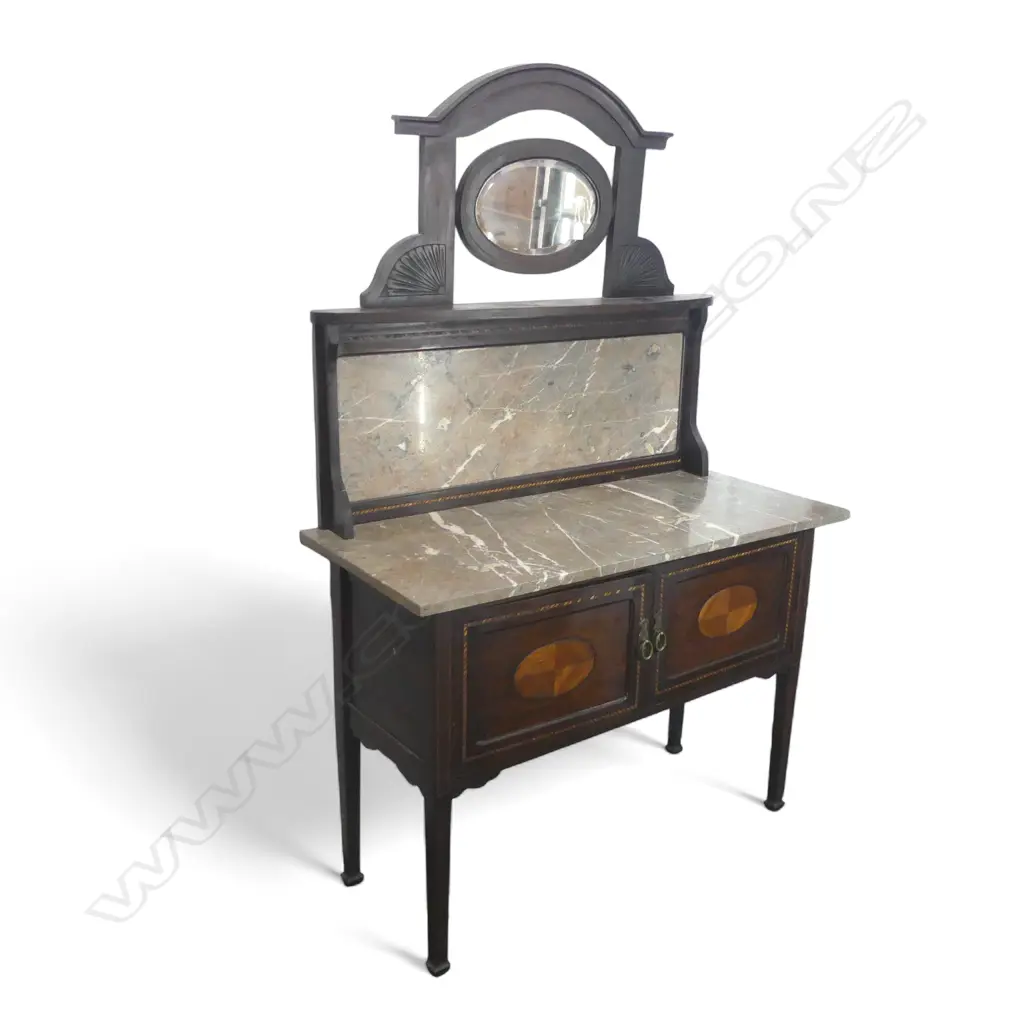 EDWARDIAN WALNUT MARBLE TOP WASHSTAND with swing mirror back. H.1620mm. Image 1++