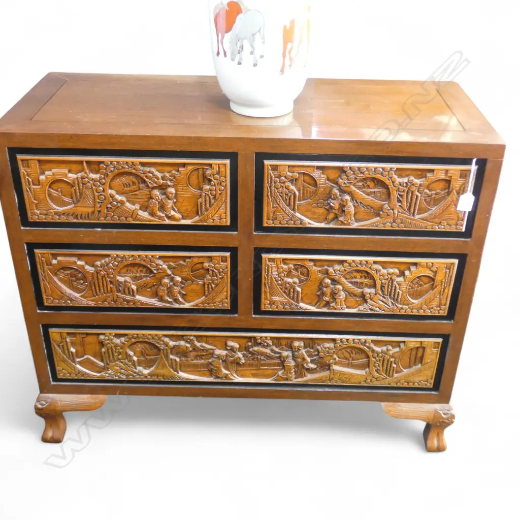 MID CENTURY CHINESE CARVED 5 DRAWER CHEST H765 L920MM Image 1++