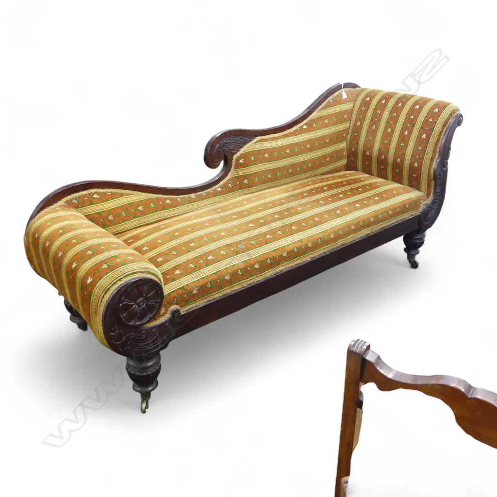QUALITY EARLY VICTORIAN MAHOGANY CARVED CHAISE LONGUE with striped patterned upholstery Image 1++