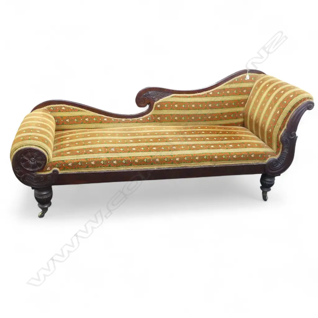 QUALITY EARLY VICTORIAN MAHOGANY CARVED CHAISE LONGUE with striped patterned upholstery Image 1++