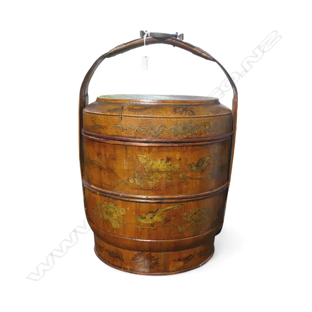 CHINESE BAMBOO & WOOD, CIRCULAR TWO-TIER FOOD STORAGE BOX. H.620mm Image 1++