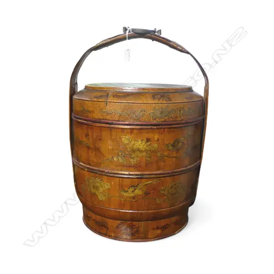 CHINESE BAMBOO & WOOD, CIRCULAR TWO-TIER FOOD STORAGE BOX. H.620mm
