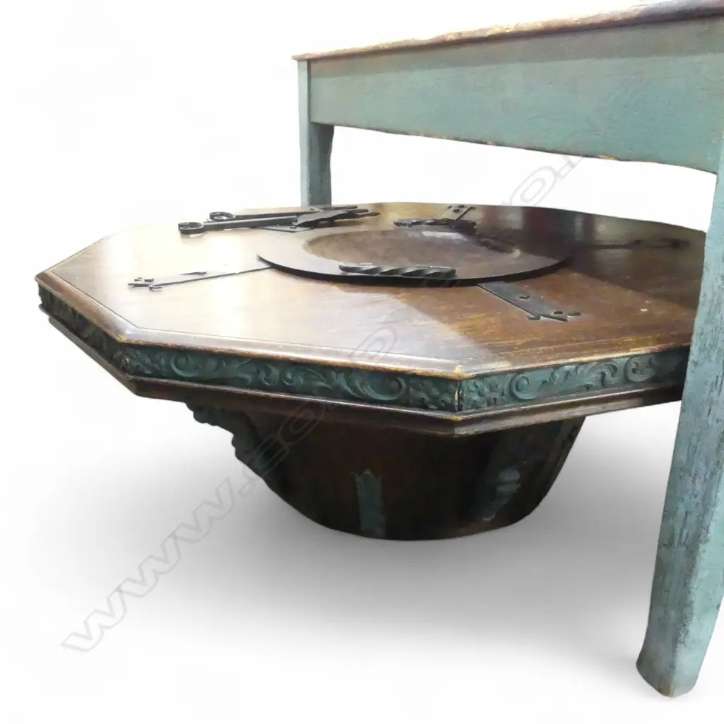 OCTAGONAL LGE LOW HIBACHI TYPE TABLE central removeable tray section. Metal strap fittings. Carved supports 1100x1100mm Image 1++