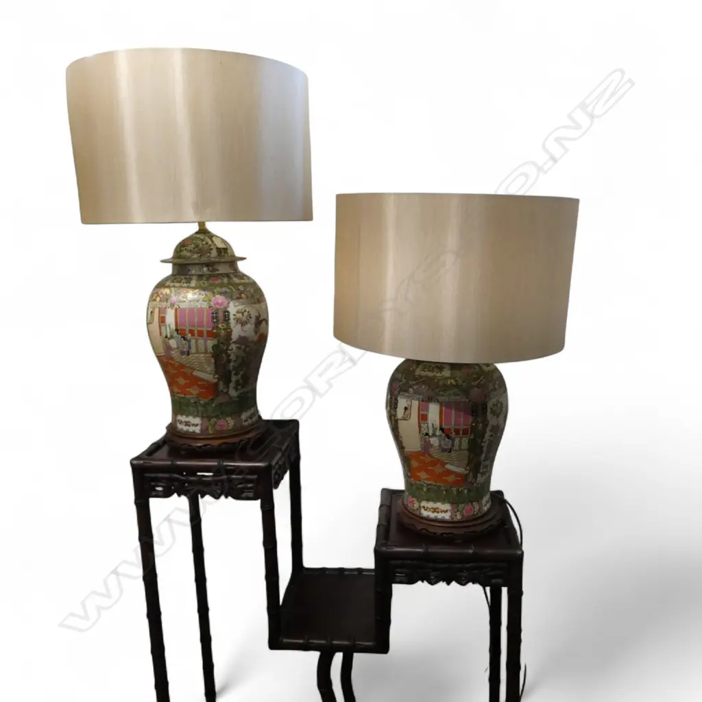 PR CHINESE CANTON ENAMEL PORCELAIN LAMP BASES. H.590mm WITH DRUM LAMPSHADES HEIGHT 830MM Image 1++