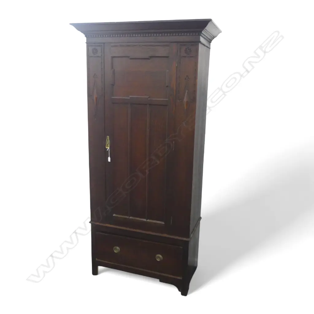 OAK ARTS AND CRAFTS 1 DOOR WARDROBE WITH BASE DRAWER 2030 x 1010mm Image 1++
