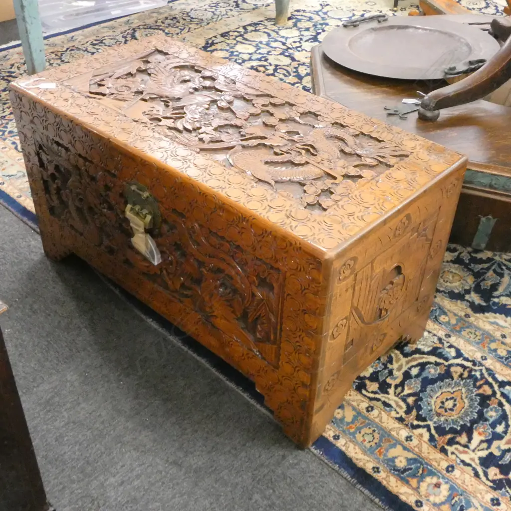 CARVED CHINESE CAMPHORWOOD CHEST 910 X 460 X 500mm Image 1++