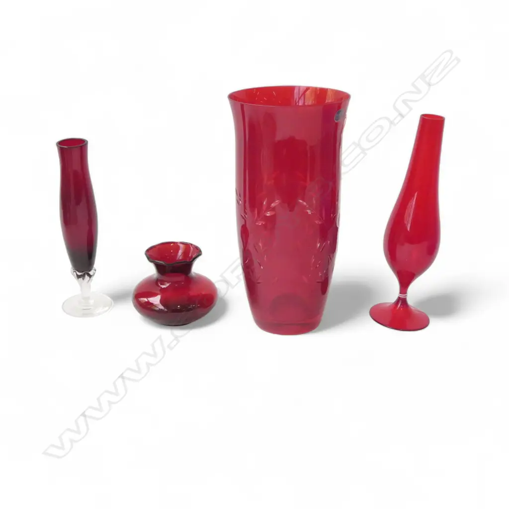 BOHEMIAN RED GLASS VASE H250MM & 3 SMALLER RED GLASS VASES Image 1++