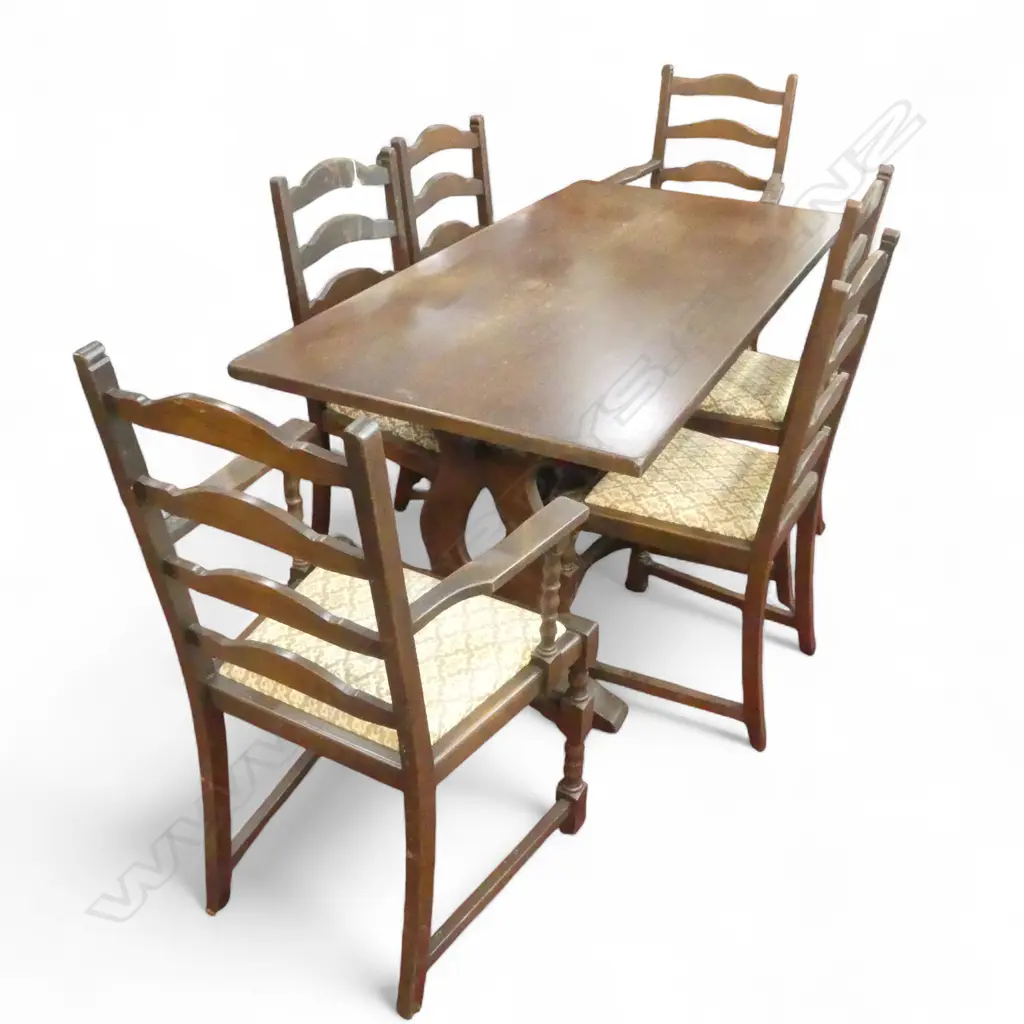 MAHOG STRETCHER BASED DINING TABLE & 6 CHAIRS Image 1++