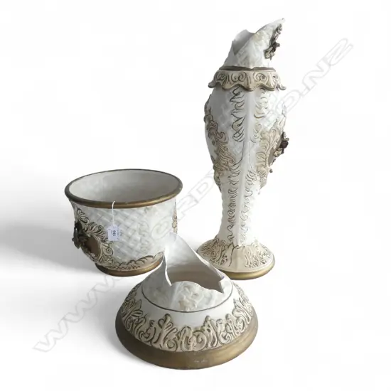 BEIGE & CREAM CAPODIMONTE JARDINERE on PEDESTAL STAND, H.840mm, Dia.260mm BASE IS BROKEN