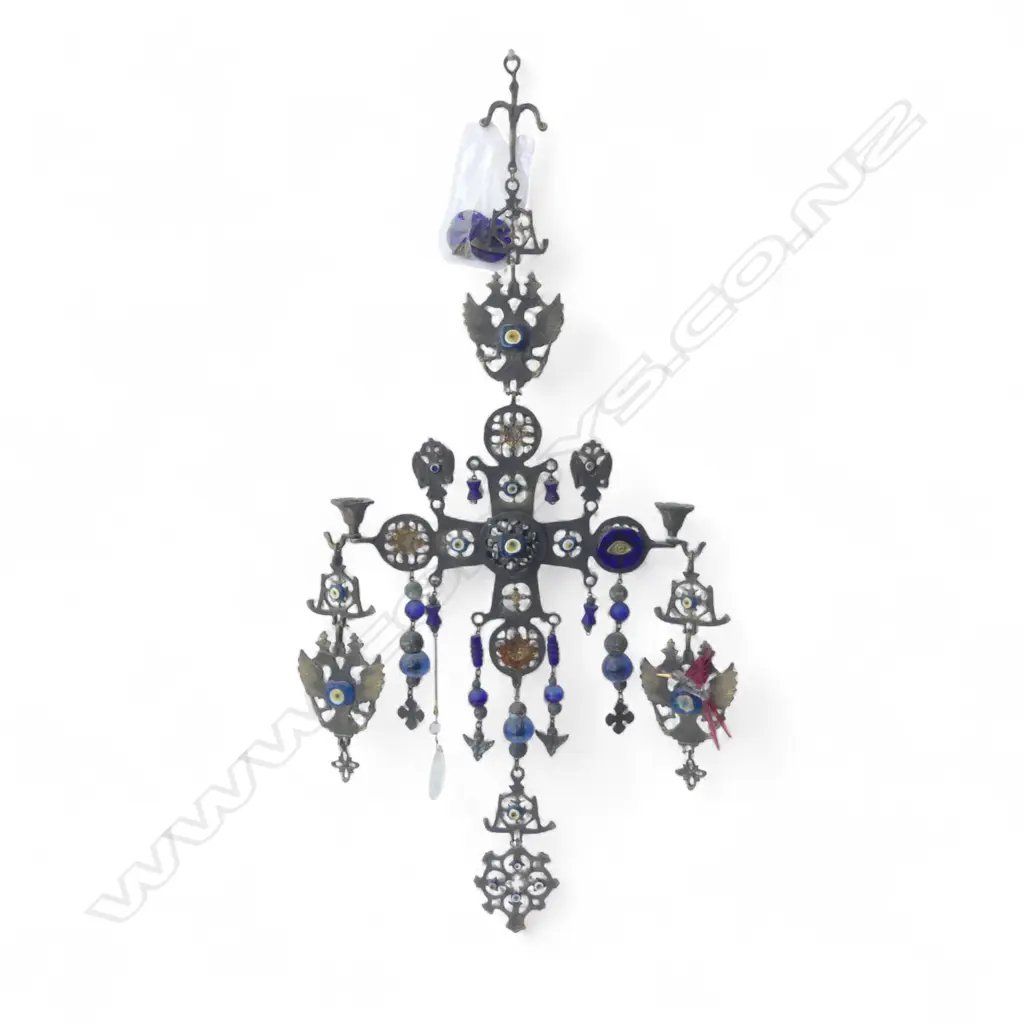 HANGING BRASS AND TURKISH/GREEK EVIL EYE CANDELABRA Image 1++