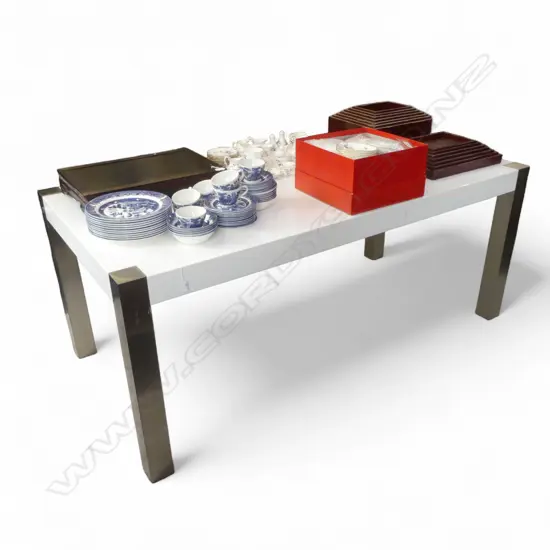 MODERN DINING TABLE WITH WHITE PLASTIC TOP AND CHROME BASE 750 (h) X 1800 (w) X 900 (d) mm - SCUFF MARKS ON TABLE TOP