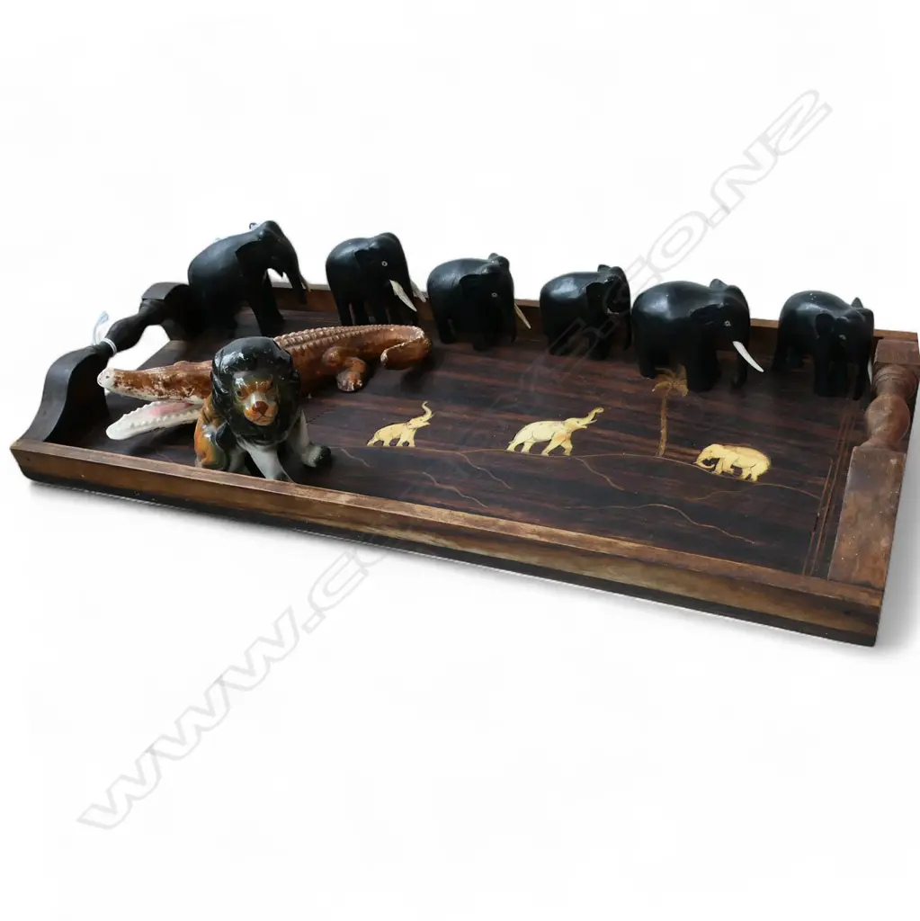 INLAID ROSEWOOD GALLERY TRAY L460 6 HARDWOOD ELEPHANTS H50MM CHINA LION & CROCODILE L200MM Image 1++