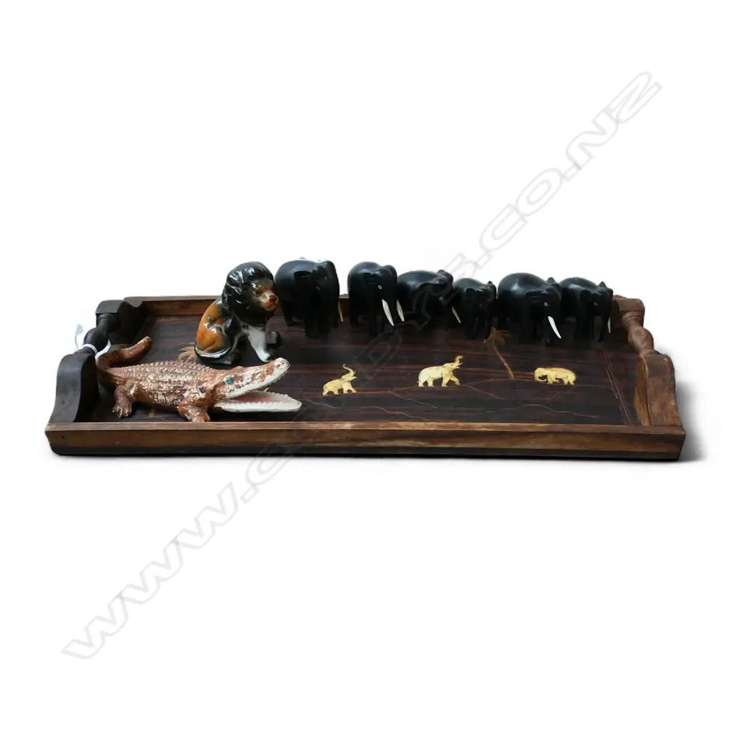 INLAID ROSEWOOD GALLERY TRAY L460 6 HARDWOOD ELEPHANTS H50MM CHINA LION & CROCODILE L200MM Image 1++